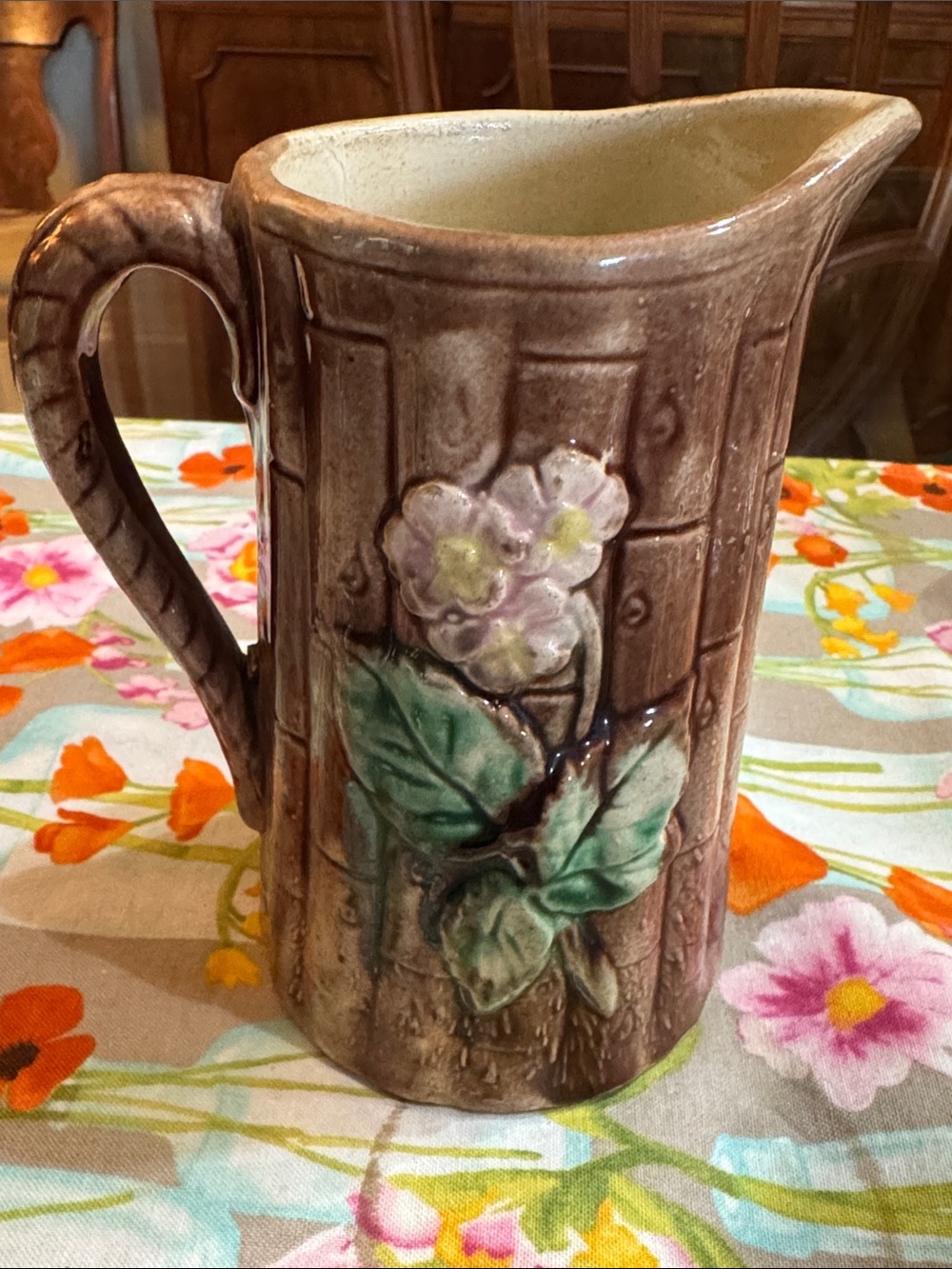Vintage Majolica Floral Raised-Relief Ceramic Pitcher